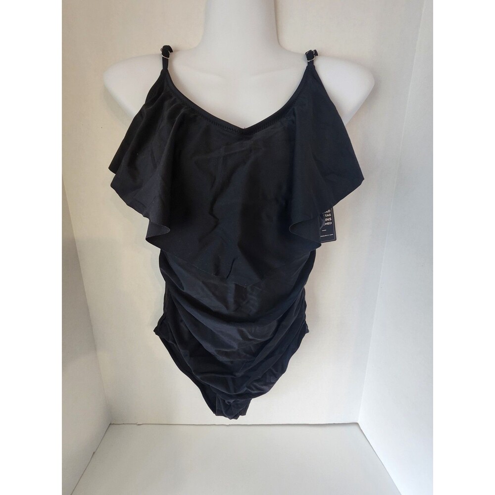 Blooming Jelly Size Large Womens One Piece Tummy Control Ruffled Swimsuit Black
